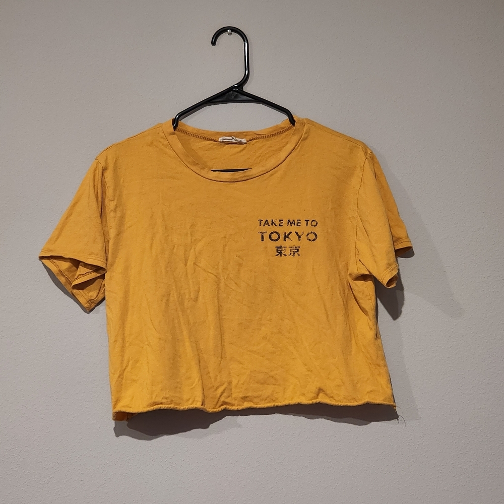 “Take me to Tokyo” yellow crop top graphic t-shirt